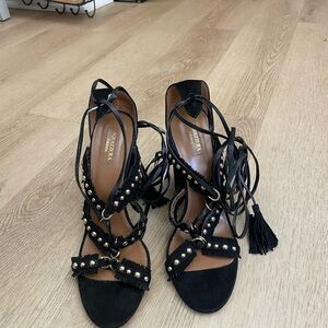 Aquazzura Black Suede Studded Lace-Up Heels with Tassels